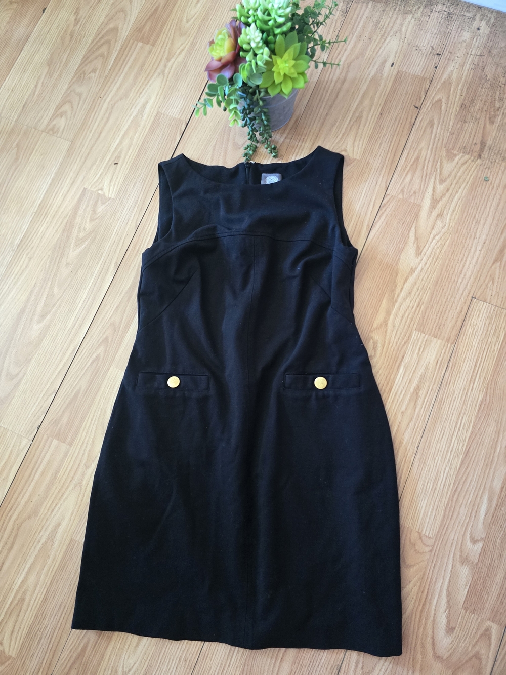 Vince Camuto black rayon, nylon dress,round neck,with pockets and gold button #6
